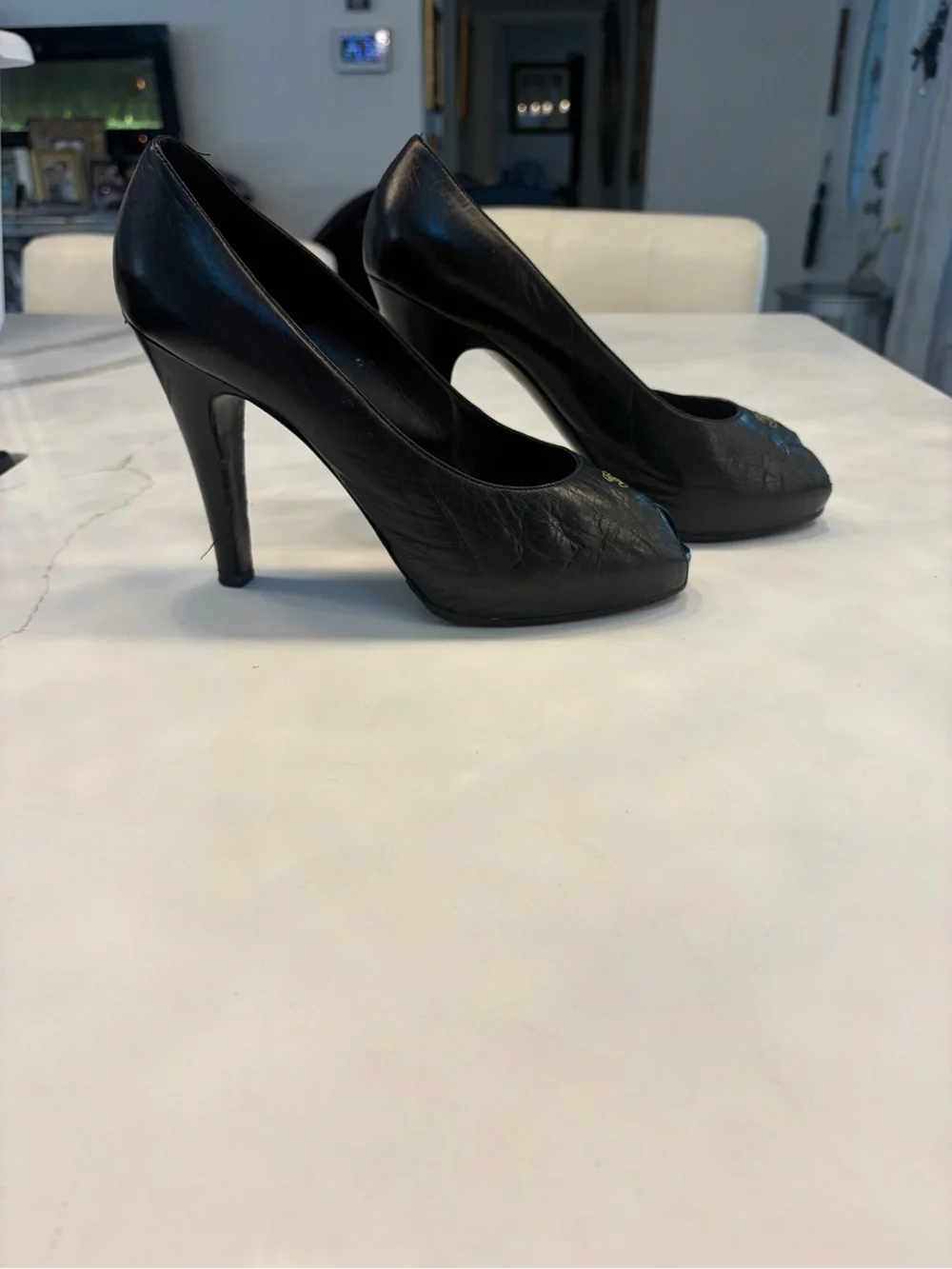 CHANEL Black Leather Peep-Toe Pumps with Gold CC Accent - Picture 6 of 8